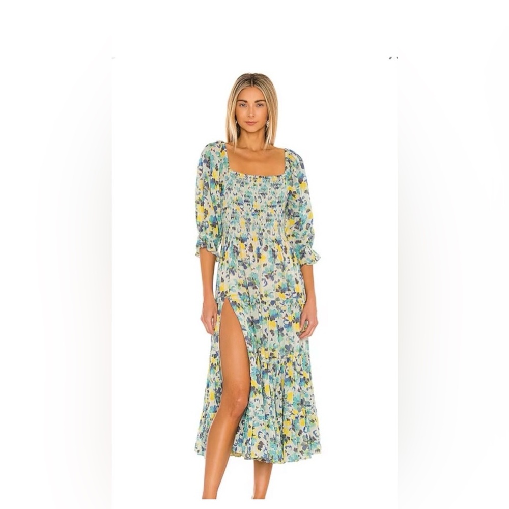 LoveShackFancy Yellow & Blue Floral Tiered Midi Dress